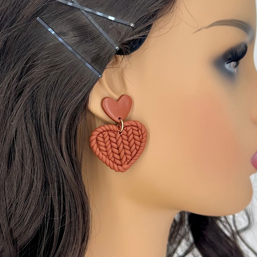 Fall Brown Braided Heart Drop Earrings
